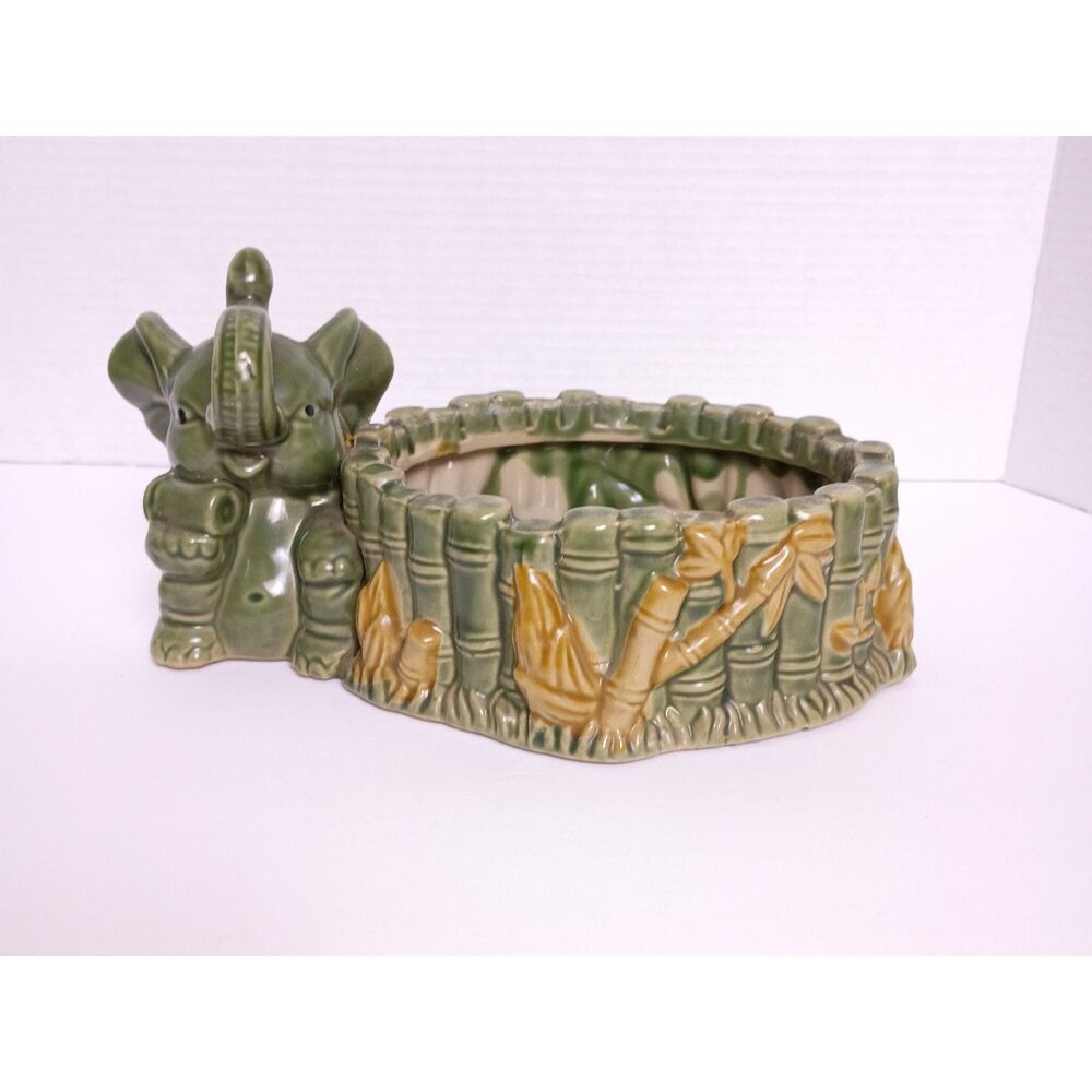 Majolica Pottery Lucky Happy Trunk Up Elephant with Bamboo Vintage Planter